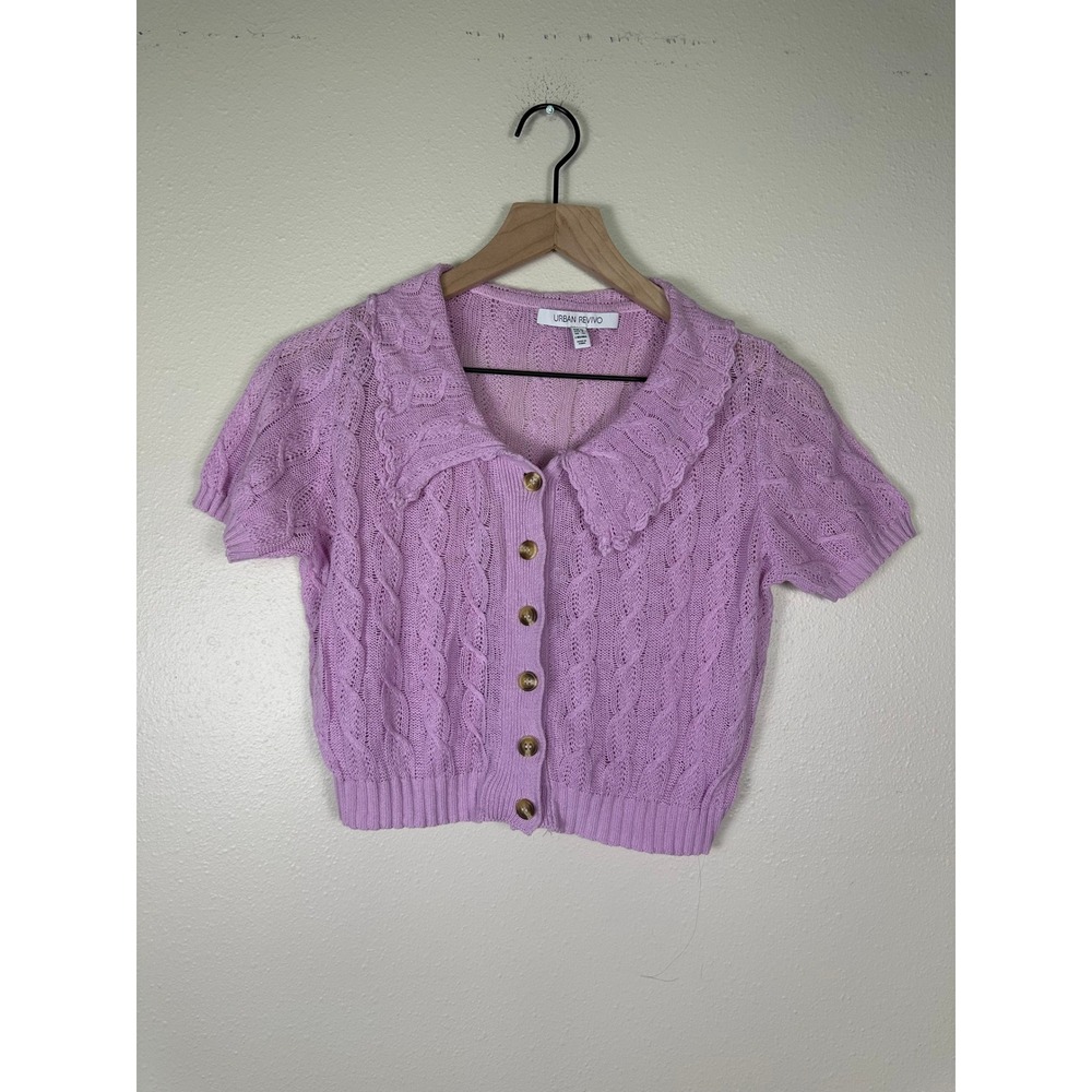 URBAN REVIVO Women 8 Coquette Grandma Academia Lilac Cable Knit Crop Sweater